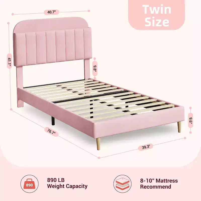 Light Pink Velvet Twin Bed with Bookcase Headboard, Steel Support Legs, Easy Assembly, Quiet