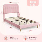Light Pink Velvet Twin Bed with Bookcase Headboard, Steel Support Legs, Easy Assembly, Quiet