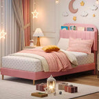 Light Pink Velvet Twin Bed with Bookcase Headboard, Steel Support Legs, Easy Assembly, Quiet