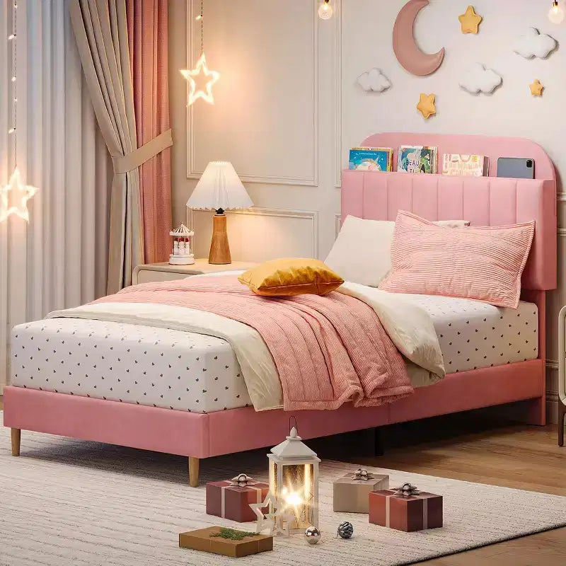 Light Pink Velvet Twin Bed with Bookcase Headboard, Steel Support Legs, Easy Assembly, Quiet