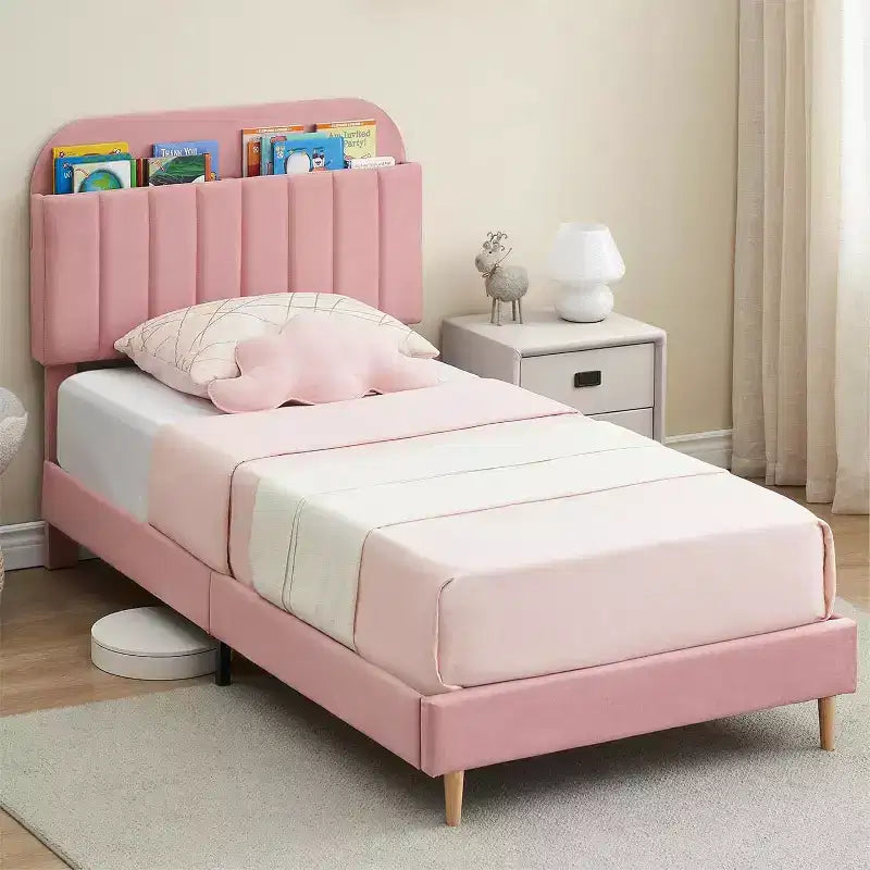 Light Pink Velvet Twin Bed with Bookcase Headboard, Steel Support Legs, Easy Assembly, Quiet