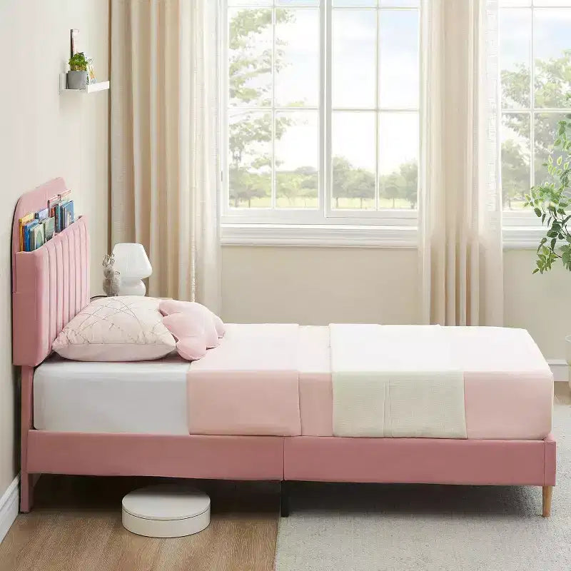 Light Pink Velvet Twin Bed with Bookcase Headboard, Steel Support Legs, Easy Assembly, Quiet