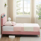 Light Pink Velvet Twin Bed with Bookcase Headboard, Steel Support Legs, Easy Assembly, Quiet