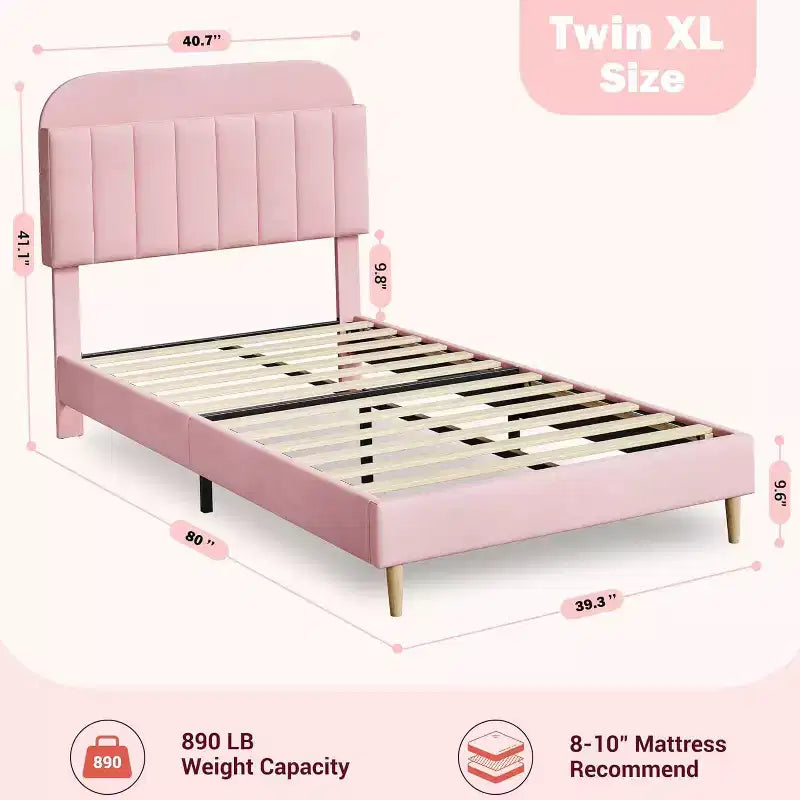 Light Pink Velvet Twin Bed with Bookcase Headboard, Steel Support Legs, Easy Assembly, Quiet
