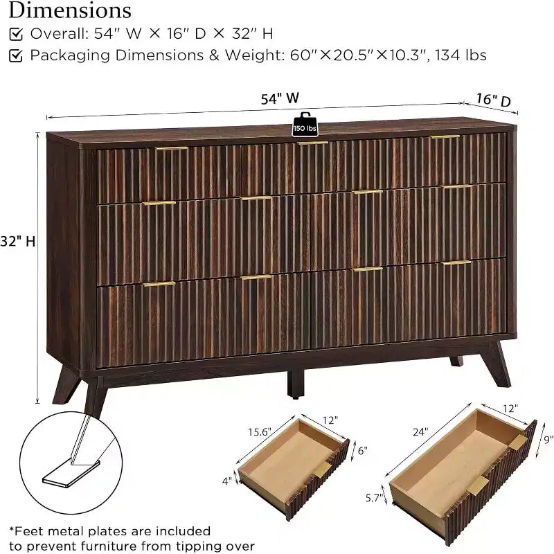 54 Wide Modern 7 Drawer Fluted Dresser with Faux Marble Top & Curved Profile, Dresser TV Stand, Wood Drawer Organizer for Bedroom