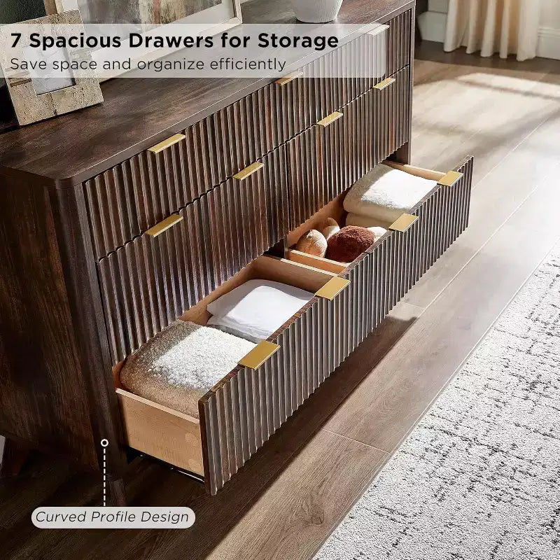 54 Wide Modern 7 Drawer Fluted Dresser with Faux Marble Top & Curved Profile, Dresser TV Stand, Wood Drawer Organizer for Bedroom