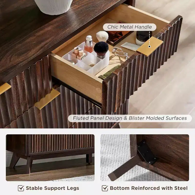 54 Wide Modern 7 Drawer Fluted Dresser with Faux Marble Top & Curved Profile, Dresser TV Stand, Wood Drawer Organizer for Bedroom