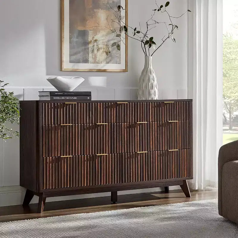 54 Wide Modern 7 Drawer Fluted Dresser with Faux Marble Top & Curved Profile, Dresser TV Stand, Wood Drawer Organizer for Bedroom