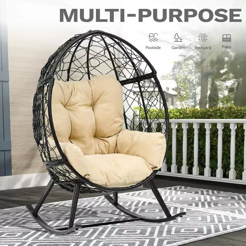 Sedia a Dondolo da Esterno a Forma di Uovo in Vimini, Dondolo da Giardino con Cuscino, Capacità 113kg