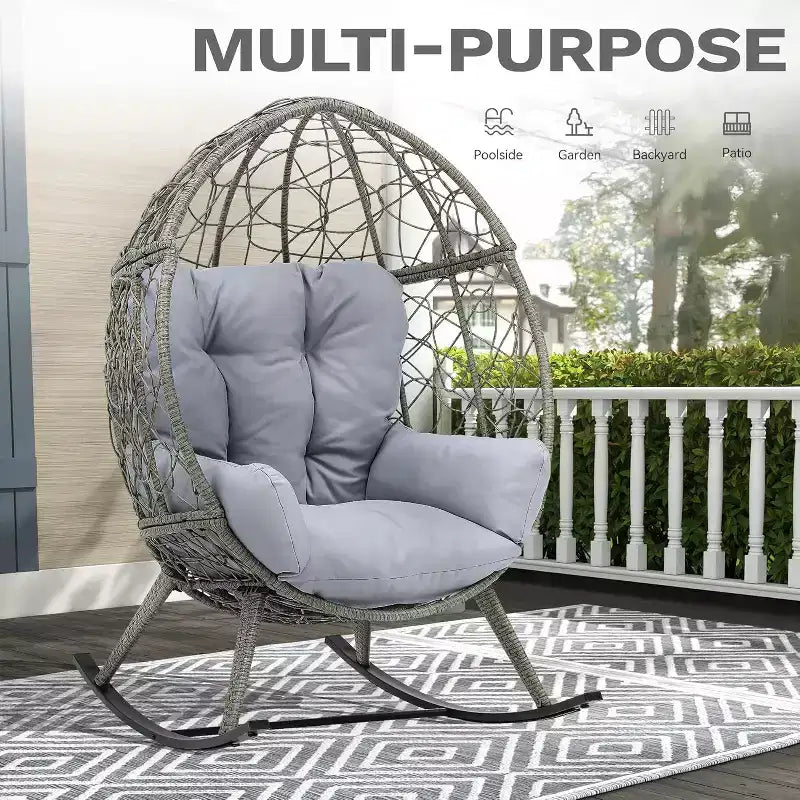 Sedia a Dondolo da Esterno a Forma di Uovo in Vimini, Dondolo da Giardino con Cuscino, Capacità 113kg