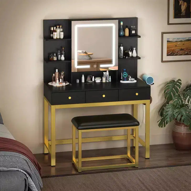 Vanity Makeup Dressing Table Desk w/ Open LED Mirror Hidden Storage & Outlets