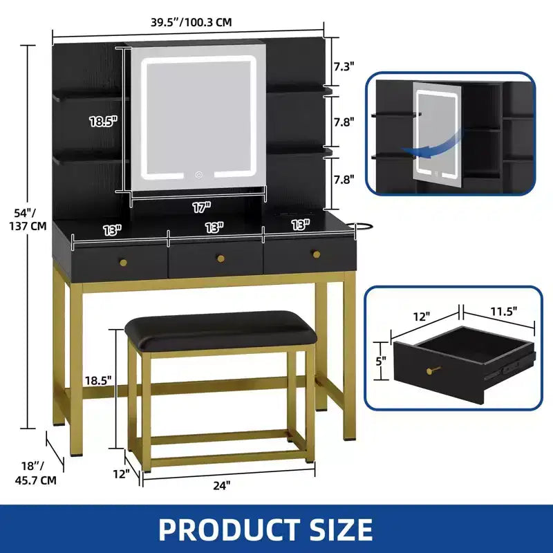 Vanity Makeup Dressing Table Desk w/ Open LED Mirror Hidden Storage & Outlets