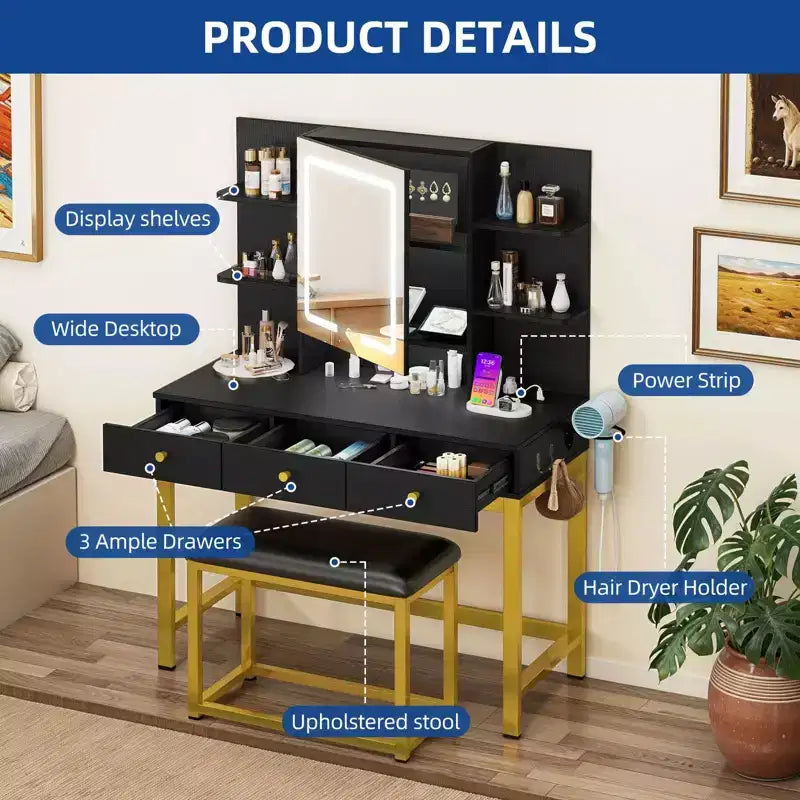 Vanity Makeup Dressing Table Desk w/ Open LED Mirror Hidden Storage & Outlets