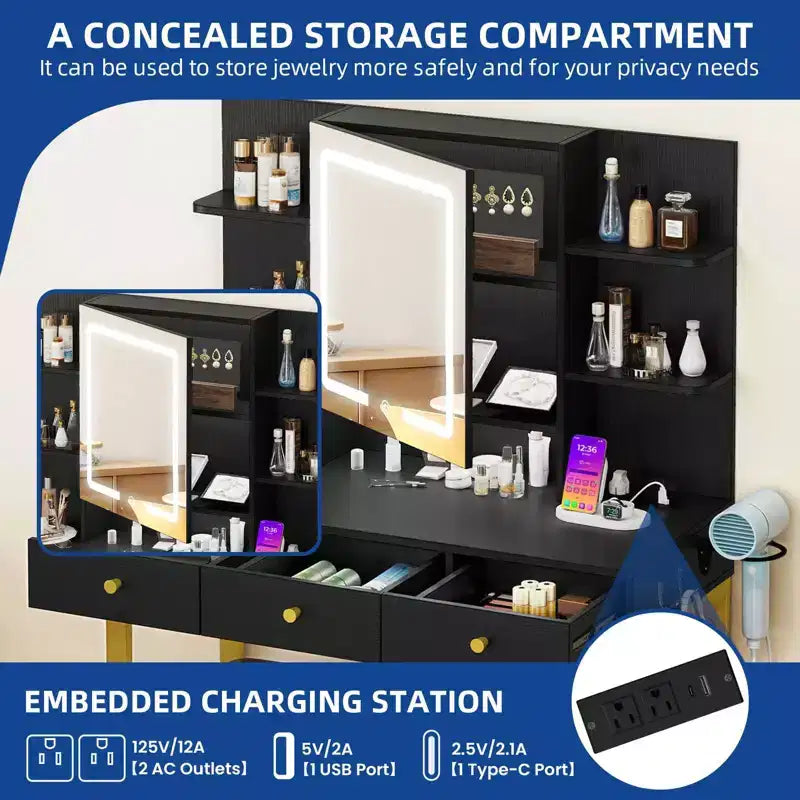 Vanity Makeup Dressing Table Desk w/ Open LED Mirror Hidden Storage & Outlets