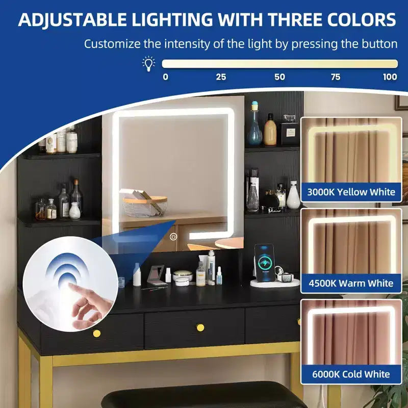 Vanity Makeup Dressing Table Desk w/ Open LED Mirror Hidden Storage & Outlets