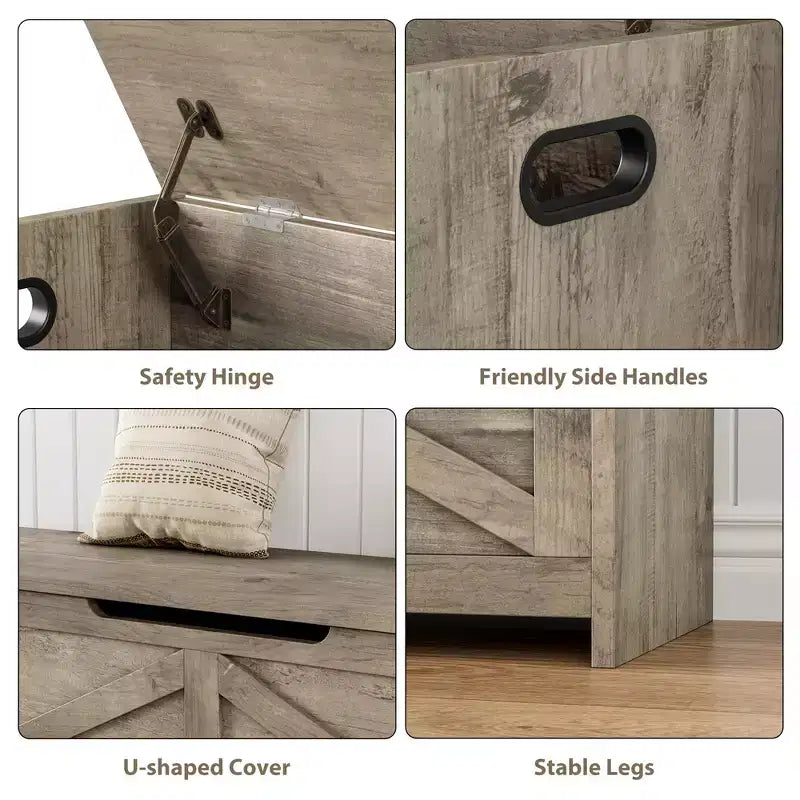 Panca Contenitore in Legno da 47 pollici, Panca per Scarpe da Ingresso con Coperchio a Ribalta e Cerniera di Sicurezza, Grande Baule Giocattoli, Pouf Contenitore per Ingresso Camera da Letto Soggiorno