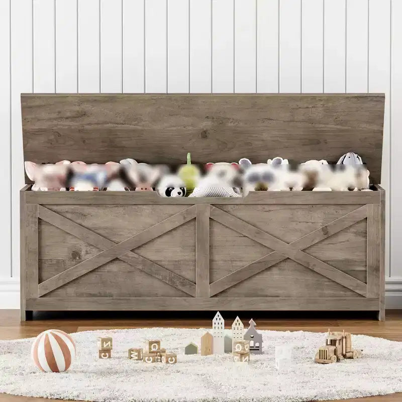 Panca Contenitore in Legno da 47 pollici, Panca per Scarpe da Ingresso con Coperchio a Ribalta e Cerniera di Sicurezza, Grande Baule Giocattoli, Pouf Contenitore per Ingresso Camera da Letto Soggiorno
