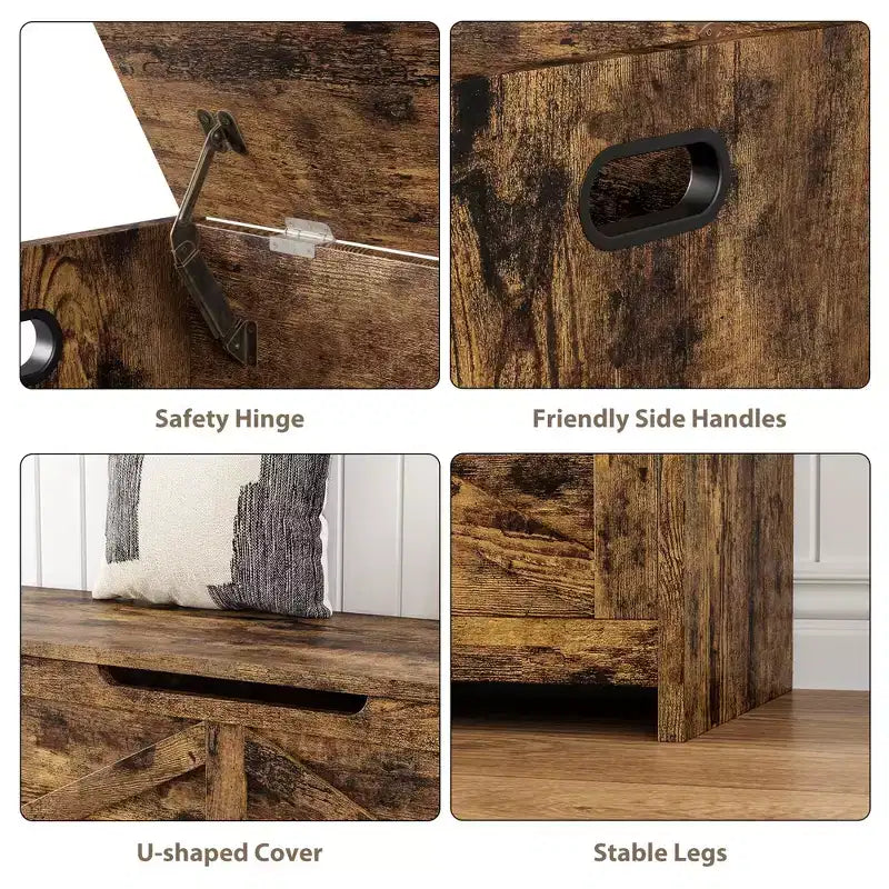 Panca Contenitore in Legno da 47 pollici, Panca per Scarpe da Ingresso con Coperchio a Ribalta e Cerniera di Sicurezza, Grande Baule Giocattoli, Pouf Contenitore per Ingresso Camera da Letto Soggiorno