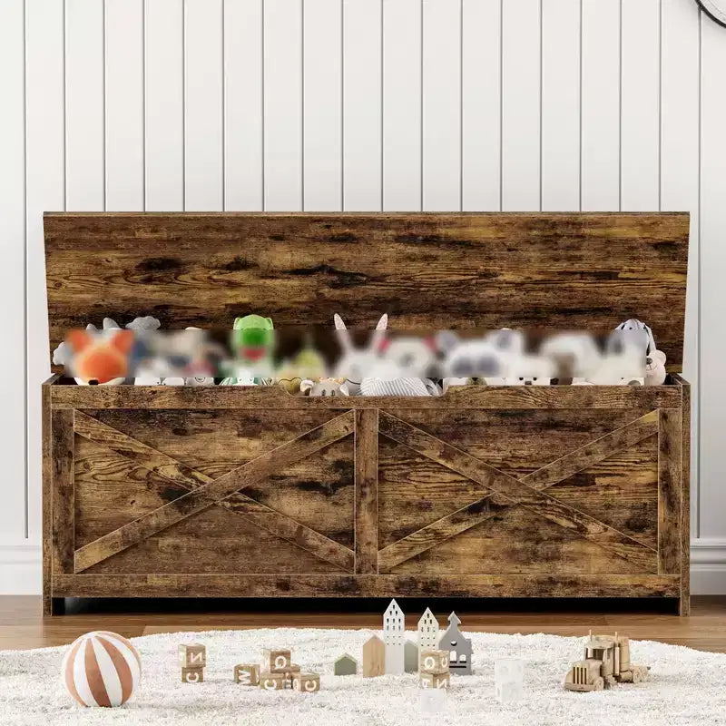 Panca Contenitore in Legno da 47 pollici, Panca per Scarpe da Ingresso con Coperchio a Ribalta e Cerniera di Sicurezza, Grande Baule Giocattoli, Pouf Contenitore per Ingresso Camera da Letto Soggiorno