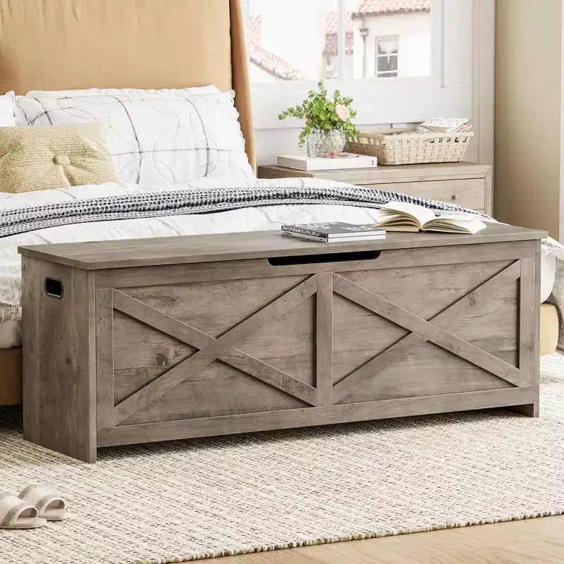 Panca Contenitore in Legno da 47 pollici, Panca per Scarpe da Ingresso con Coperchio a Ribalta e Cerniera di Sicurezza, Grande Baule Giocattoli, Pouf Contenitore per Ingresso Camera da Letto Soggiorno