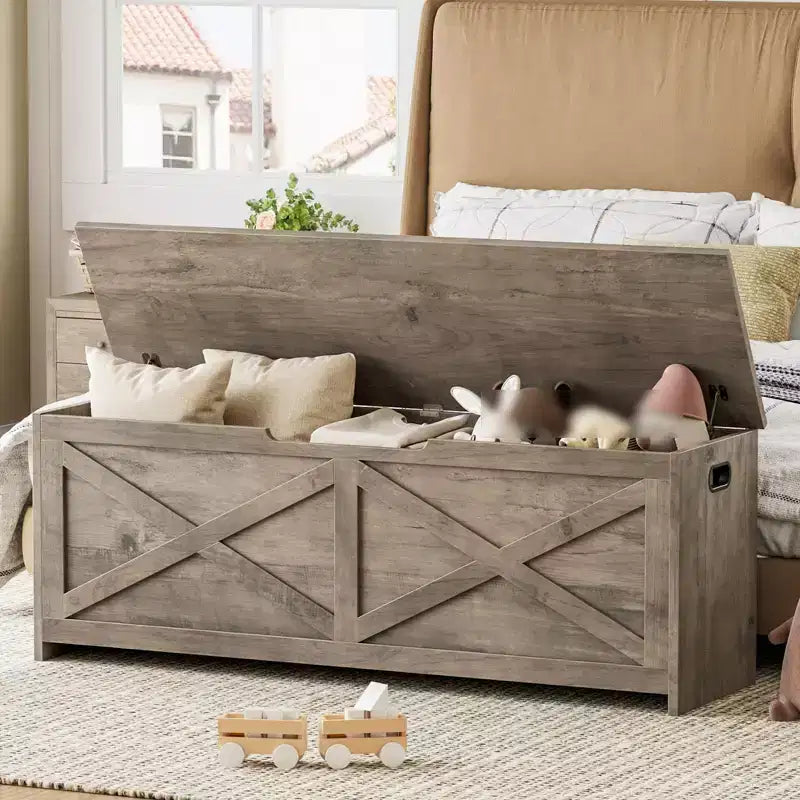 Panca Contenitore in Legno da 47 pollici, Panca per Scarpe da Ingresso con Coperchio a Ribalta e Cerniera di Sicurezza, Grande Baule Giocattoli, Pouf Contenitore per Ingresso Camera da Letto Soggiorno