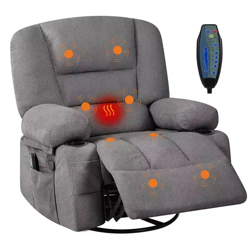 360 Swivel Recliner Chair with Heat and Massage, Recliner for Adults, Single Sofa Seat with 3 Positions, 2 Pockets, 2 Cup Holders and 1 Storage
