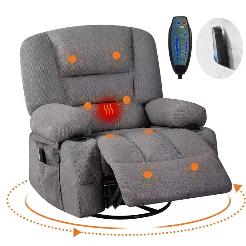 360 Swivel Recliner Chair with Heat and Massage, Recliner for Adults, Single Sofa Seat with 3 Positions, 2 Pockets, 2 Cup Holders and 1 Storage
