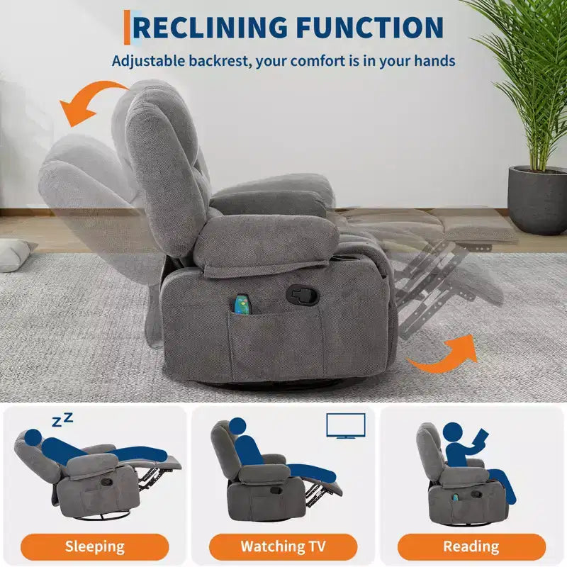 360 Swivel Recliner Chair with Heat and Massage, Recliner for Adults, Single Sofa Seat with 3 Positions, 2 Pockets, 2 Cup Holders and 1 Storage