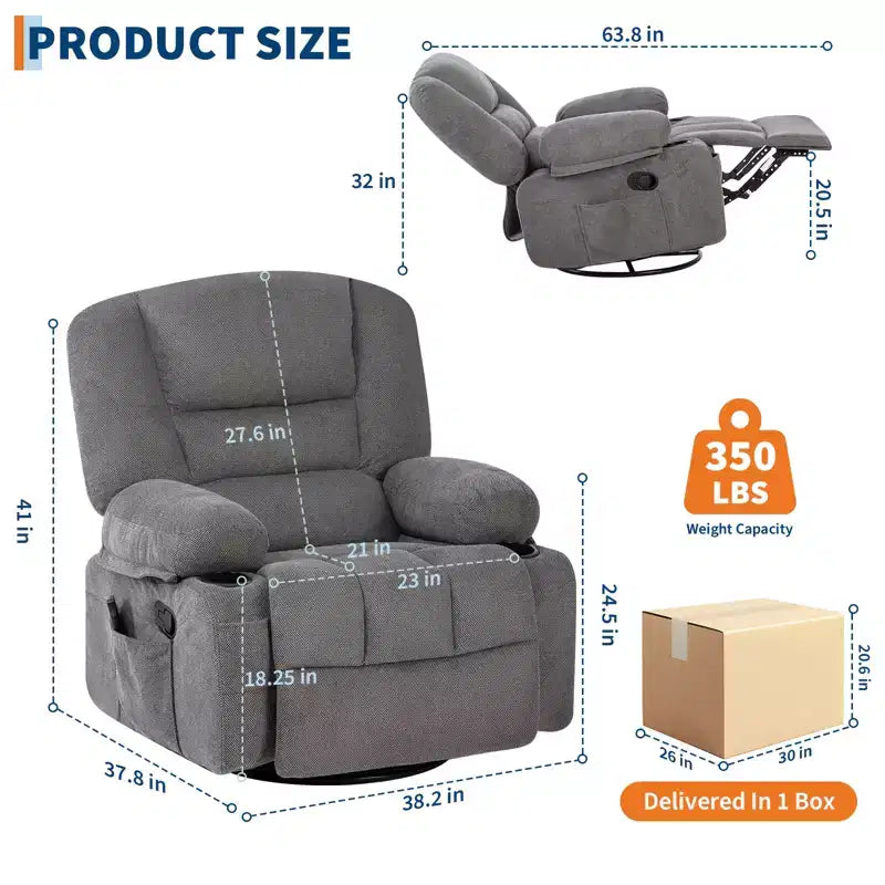 360 Swivel Recliner Chair with Heat and Massage, Recliner for Adults, Single Sofa Seat with 3 Positions, 2 Pockets, 2 Cup Holders and 1 Storage
