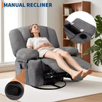360 Swivel Recliner Chair with Heat and Massage, Recliner for Adults, Single Sofa Seat with 3 Positions, 2 Pockets, 2 Cup Holders and 1 Storage
