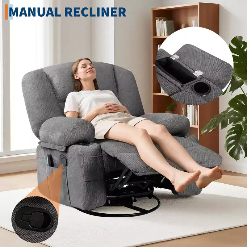 360 Swivel Recliner Chair with Heat and Massage, Recliner for Adults, Single Sofa Seat with 3 Positions, 2 Pockets, 2 Cup Holders and 1 Storage