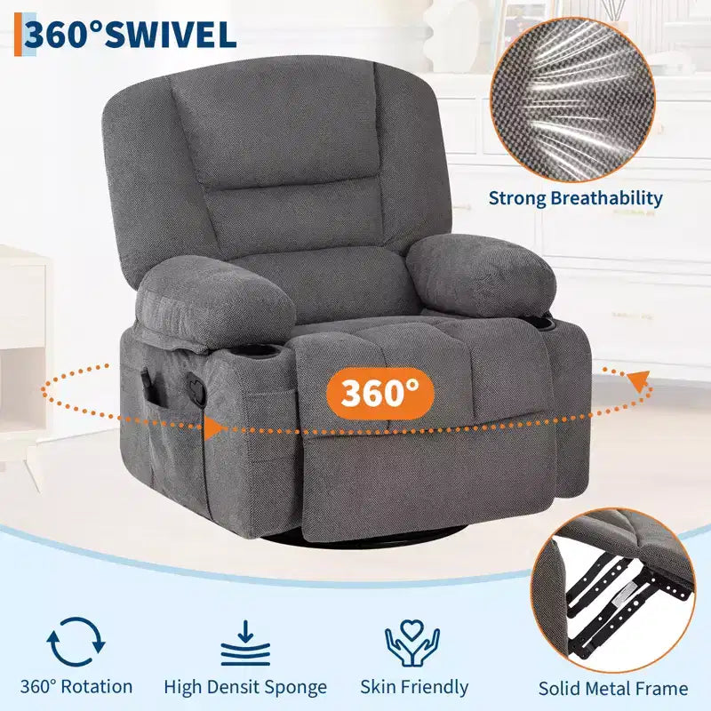 360 Swivel Recliner Chair with Heat and Massage, Recliner for Adults, Single Sofa Seat with 3 Positions, 2 Pockets, 2 Cup Holders and 1 Storage