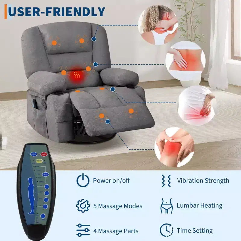 360 Swivel Recliner Chair with Heat and Massage, Recliner for Adults, Single Sofa Seat with 3 Positions, 2 Pockets, 2 Cup Holders and 1 Storage