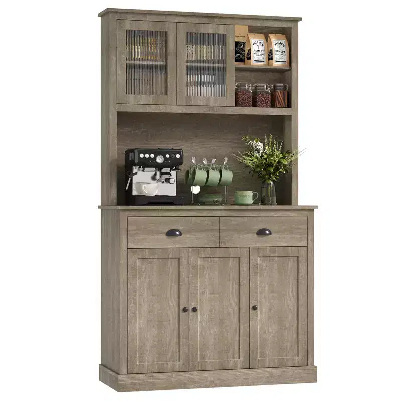 COZONY Tall Kitchen Pantry Cabinet with Doors & Drawer, Farmhouse Hutch with Microwave Stand