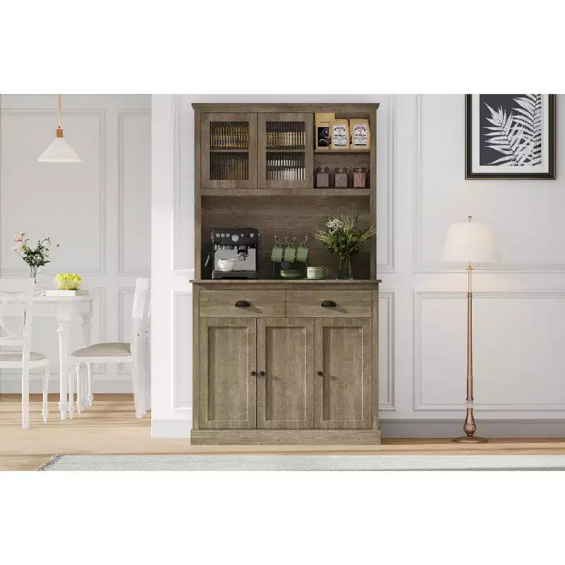 COZONY Tall Kitchen Pantry Cabinet with Doors & Drawer, Farmhouse Hutch with Microwave Stand