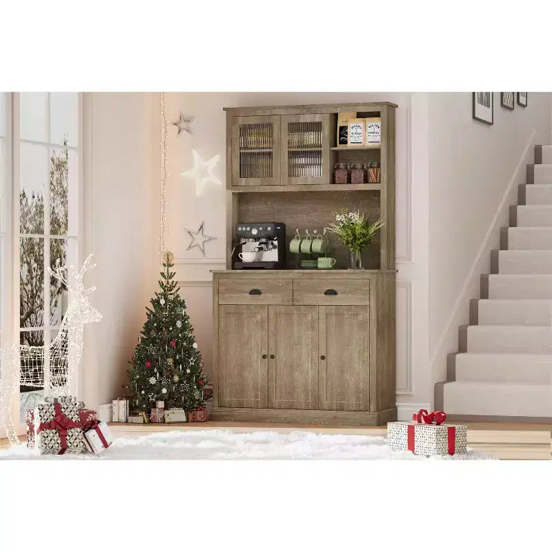 COZONY Tall Kitchen Pantry Cabinet with Doors & Drawer, Farmhouse Hutch with Microwave Stand