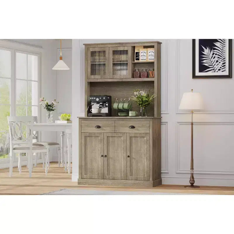 COZONY Tall Kitchen Pantry Cabinet with Doors & Drawer, Farmhouse Hutch with Microwave Stand