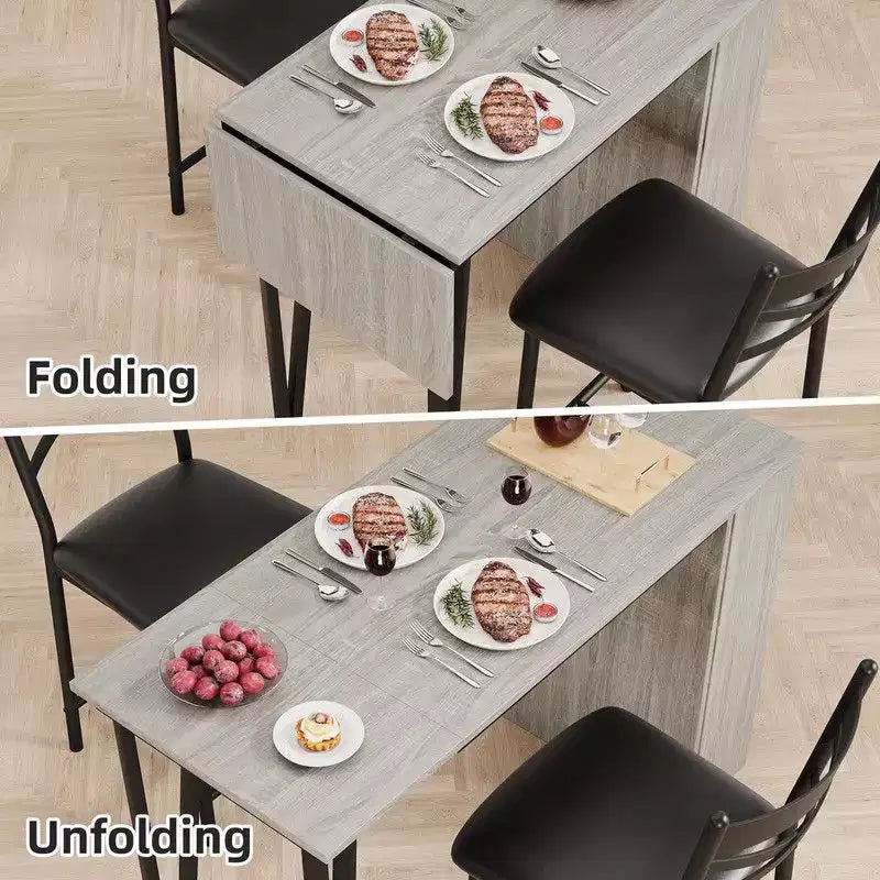 Coolmee Bar Table and Chairs Set, 3 Piece Bar Table Set with with Flip Top Extension and Storage Shelves, Dining Table Set for 2