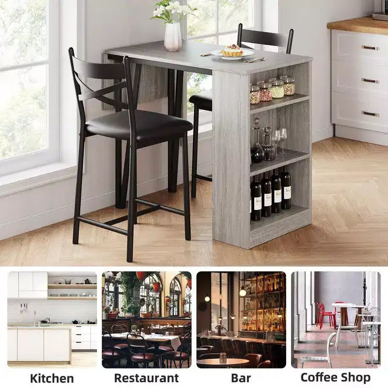 Coolmee Bar Table and Chairs Set, 3 Piece Bar Table Set with with Flip Top Extension and Storage Shelves, Dining Table Set for 2