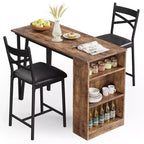 Coolmee Bar Table and Chairs Set, 3 Piece Bar Table Set with with Flip Top Extension and Storage Shelves, Dining Table Set for 2