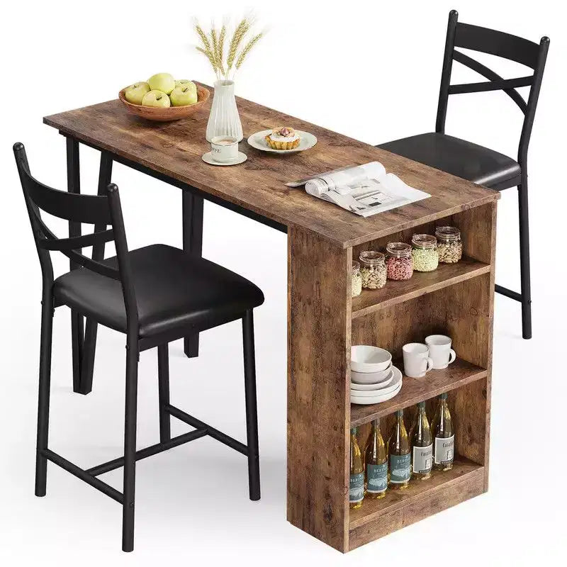 Coolmee Bar Table and Chairs Set, 3 Piece Bar Table Set with with Flip Top Extension and Storage Shelves, Dining Table Set for 2