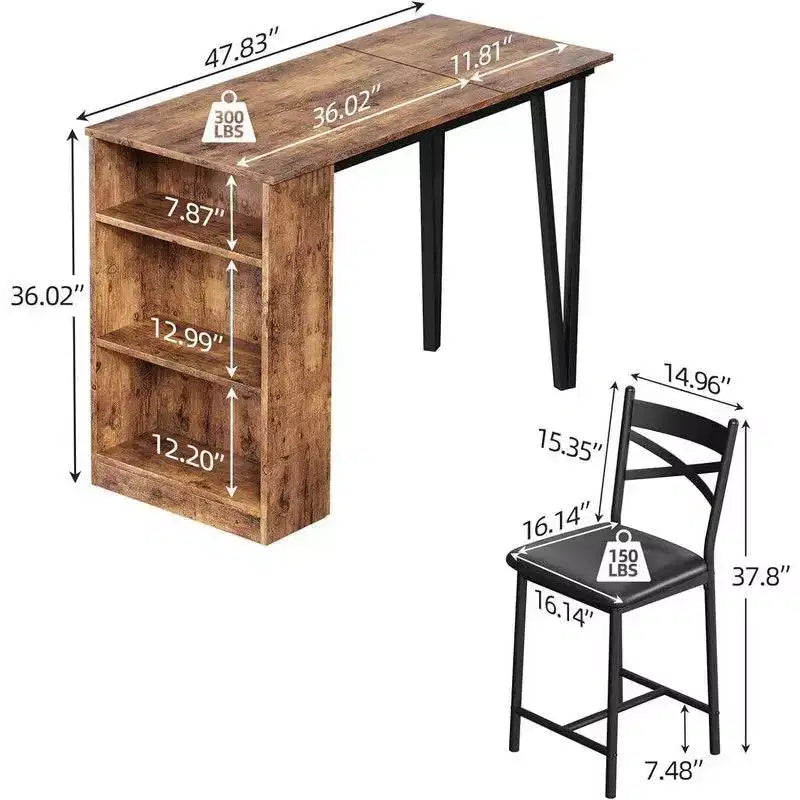 Coolmee Bar Table and Chairs Set, 3 Piece Bar Table Set with with Flip Top Extension and Storage Shelves, Dining Table Set for 2