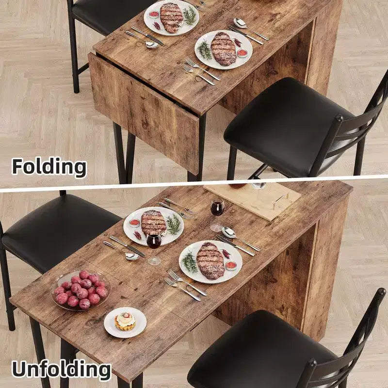 Coolmee Bar Table and Chairs Set, 3 Piece Bar Table Set with with Flip Top Extension and Storage Shelves, Dining Table Set for 2