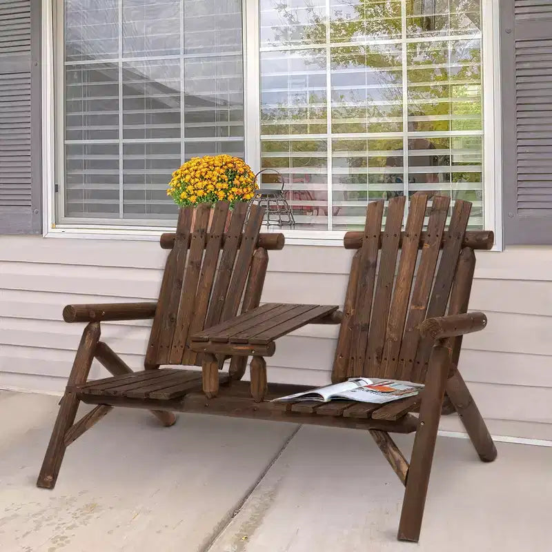 GDFStudio Eveline Rustic Patio 2-Seater Adirondack Slatted Bench with Table