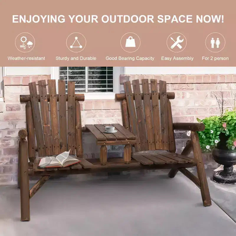 GDFStudio Eveline Rustic Patio 2-Seater Adirondack Slatted Bench with Table