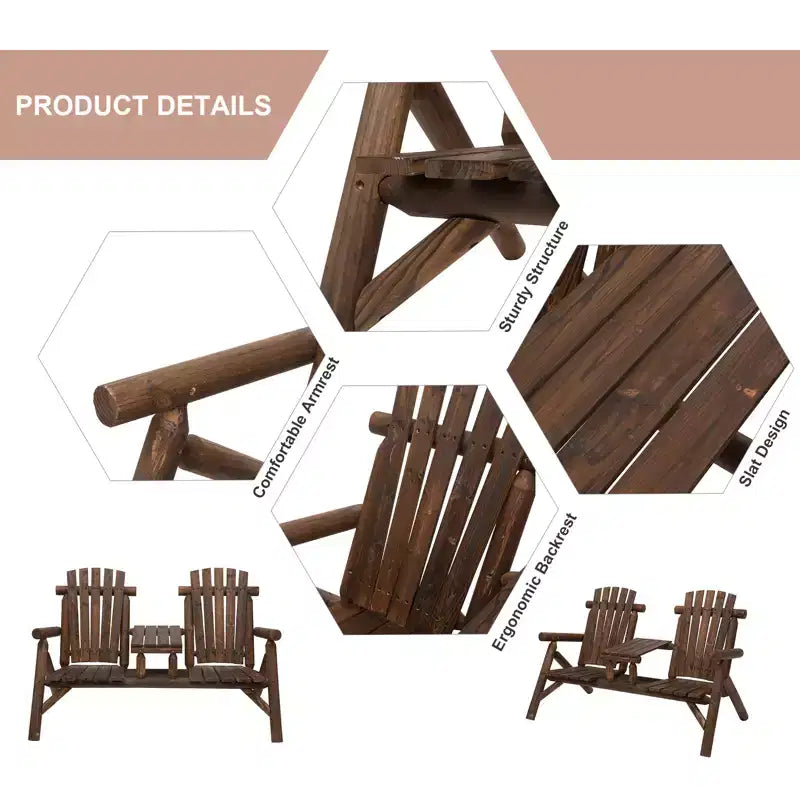 GDFStudio Eveline Rustic Patio 2-Seater Adirondack Slatted Bench with Table