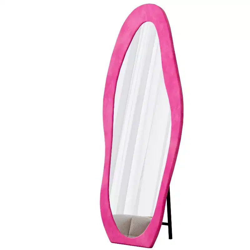 Okak 63*24 pollici Specchio da terra ondulato irregolare in flanella, Specchio a figura intera con cornice in legno e supporto, Specchio da parete per spogliatoio, soggiorno