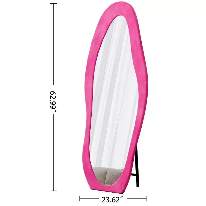 Okak 63*24 pollici Specchio da terra ondulato irregolare in flanella, Specchio a figura intera con cornice in legno e supporto, Specchio da parete per spogliatoio, soggiorno