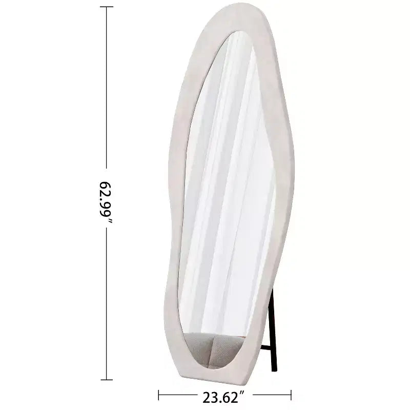 Okak 63*24 pollici Specchio da terra ondulato irregolare in flanella, Specchio a figura intera con cornice in legno e supporto, Specchio da parete per spogliatoio, soggiorno