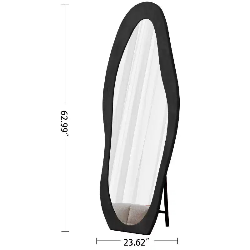 Okak 63*24 pollici Specchio da terra ondulato irregolare in flanella, Specchio a figura intera con cornice in legno e supporto, Specchio da parete per spogliatoio, soggiorno